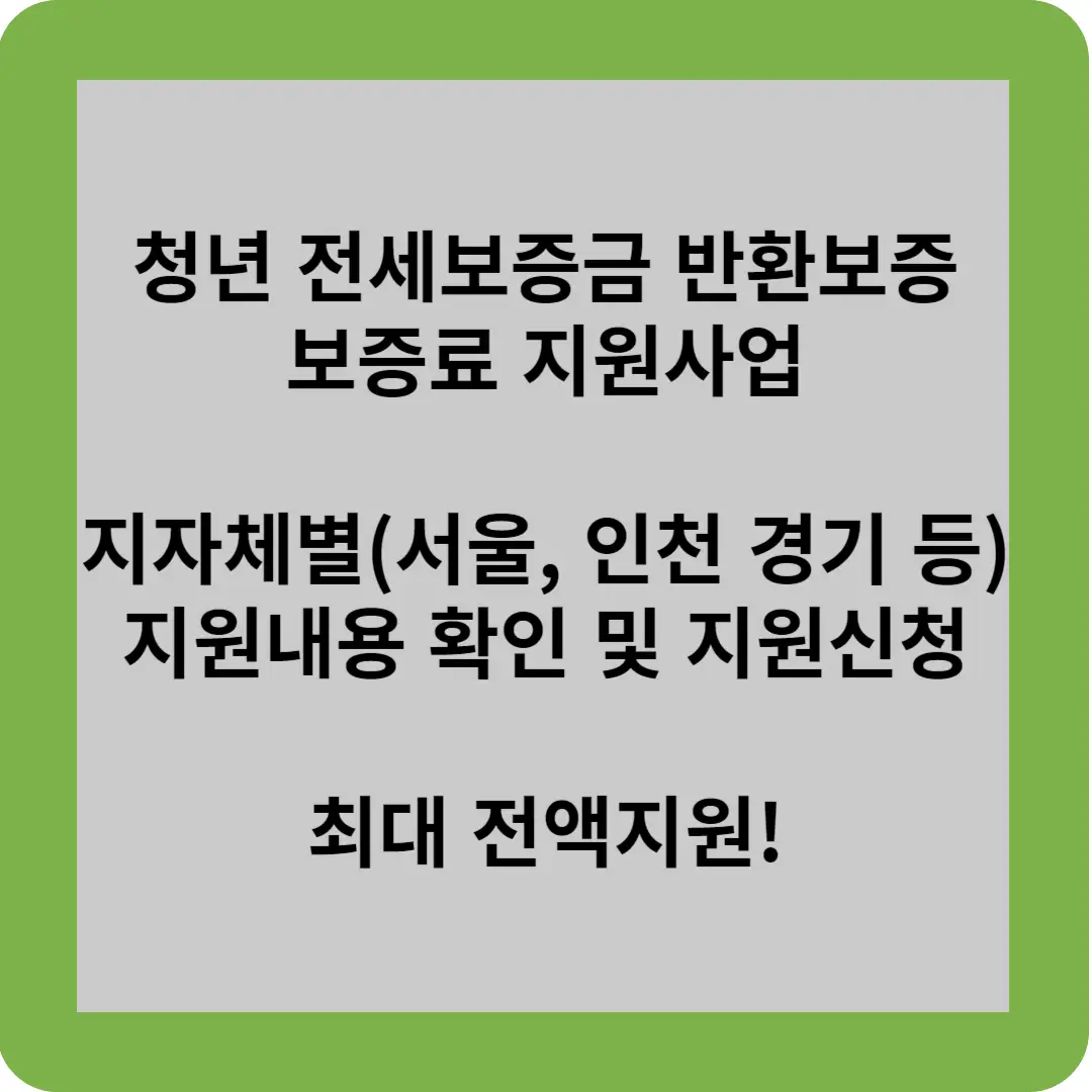 청년 전세보증금 반환보증 보증료 지원사업
지자체별(서울,인천,경기 등)
지원내용 확인 및 지원신청
최대 전액지원!