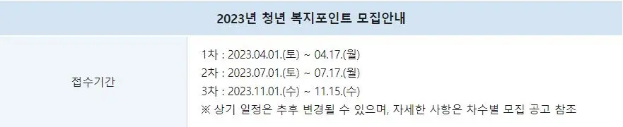 2023년 청년 복지포인트 모집안내표
접수기간 안내표